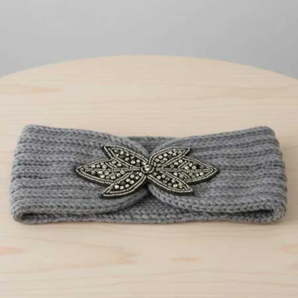 Ladies Grey Floral Headband - Ladies Gray Winter Flower Ear Warmer